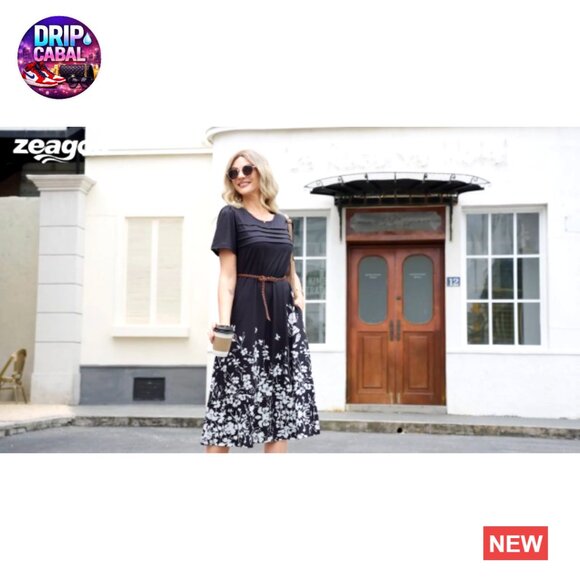 Flowy Midi Dress with Pockets Casual Boho Summer Beach Sundress Pleated Front - Picture 7 of 7